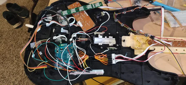 Wiring and electronics inside the Rock Band guitar